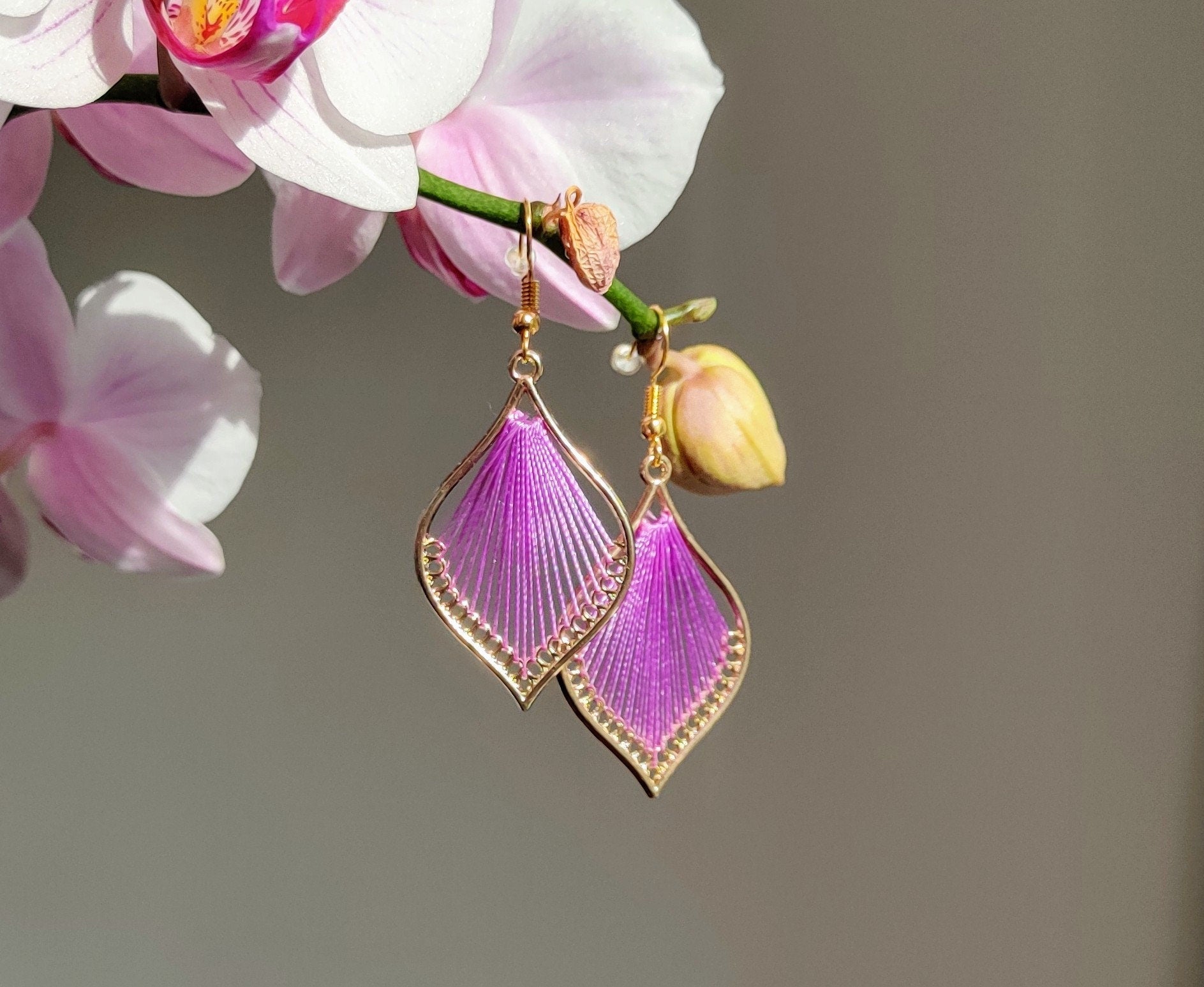 Bohemian Leaf silk strings earrings, flower petal shape earrings, handmade silk thread earrings
