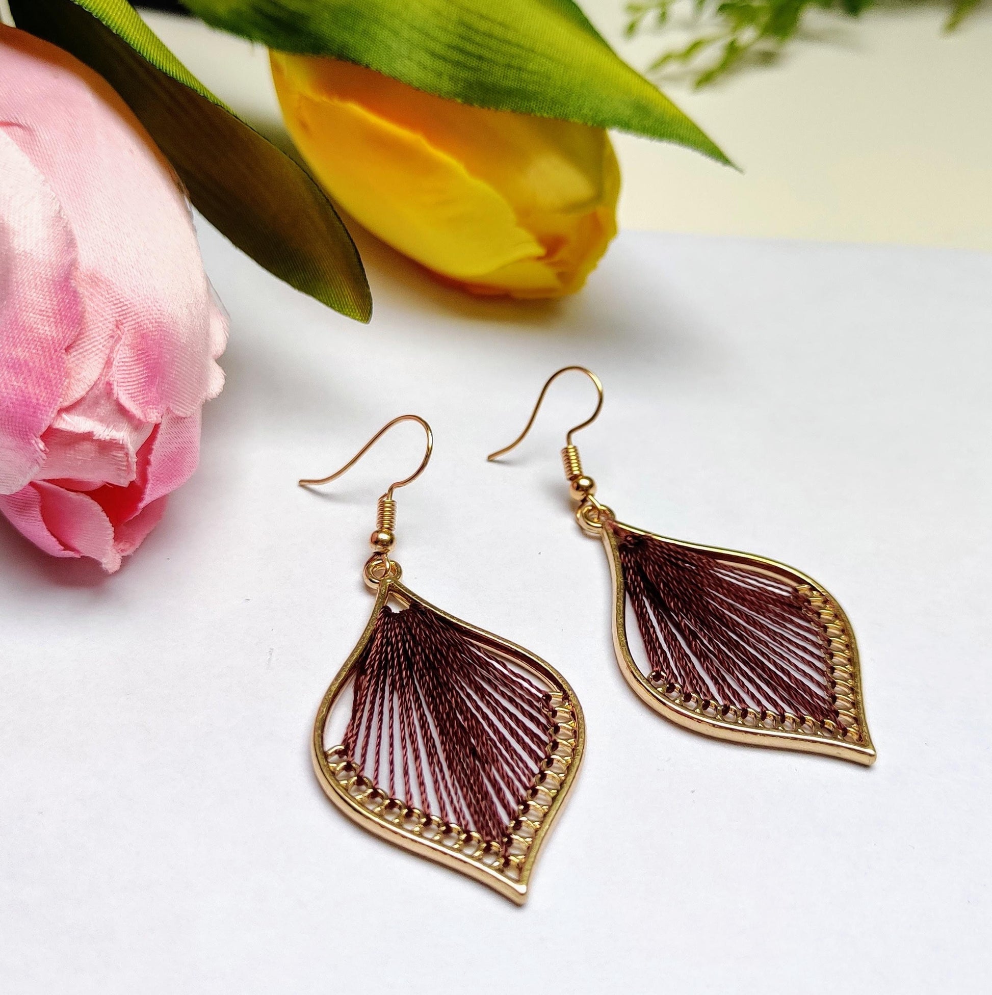 Bohemian Leaf silk strings earrings, flower petal shape earrings, handmade silk thread earrings